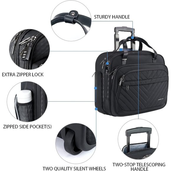 Women's Black Water Repellent Rolling Laptop Bag 15.6 inch - Picture 6 of 11